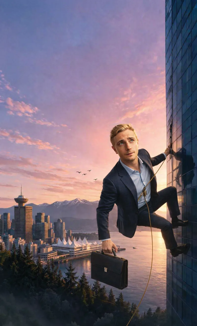 Cam Appleton, Vancouver real estate agent, climbing the side of a downtown tower at sunset with the North Shore mountains behind